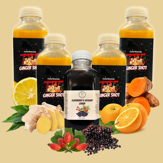 Immunity Boost Bundle - Ginger Shot (4X 420ml Bottles) and Elderberry Syrup (1x 500ml Bottle) | one Month Supply | Complete Support for Heart, Digestion, Immunity and Vitality