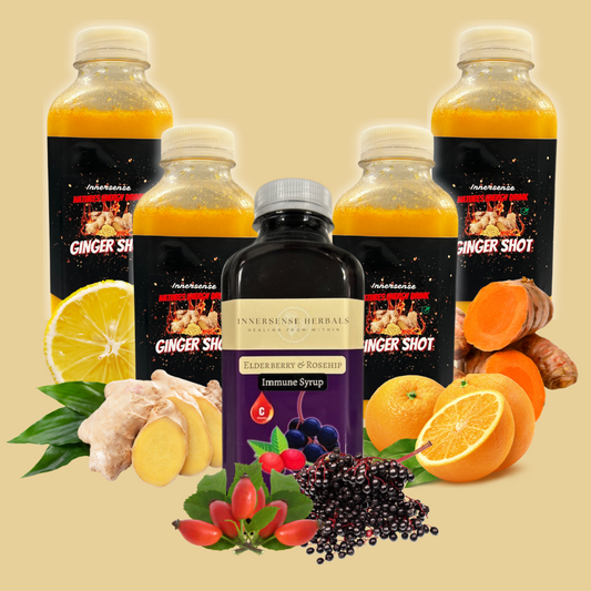 Immunity Boost Bundle - Ginger Shot (4X 420ml Bottles) and Elderberry Syrup (1x 500ml Bottle) | one Month Supply | Complete Support for Heart, Digestion, Immunity and Vitality